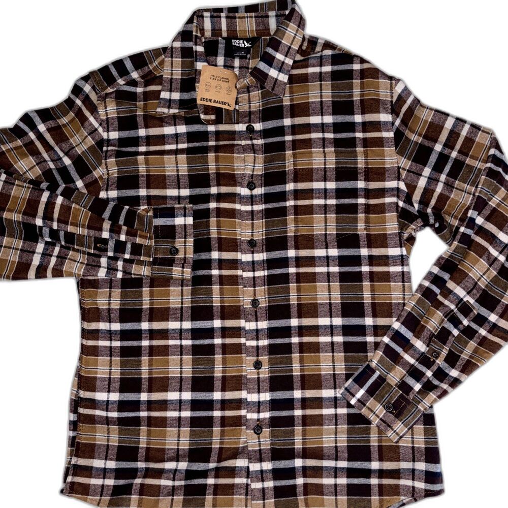 Eddie Bauer Men’s Medium Brown Check Flannel Long Sleeve Shirt NWT